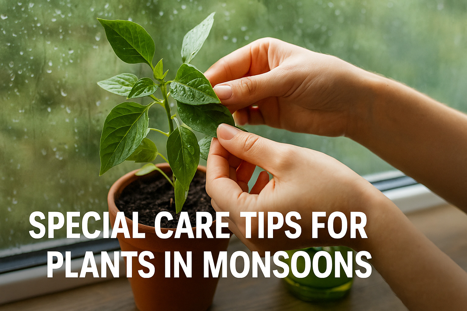 Hands adjusting an indoor plant near the rainy window — demonstrating special care tips for houseplants during monsoon season, including protection from excess moisture and improved airflow.